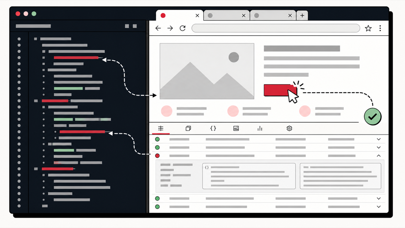 Diagram of an embedded browser with a network traffic panel and an agent loop connecting the page and the code editor.