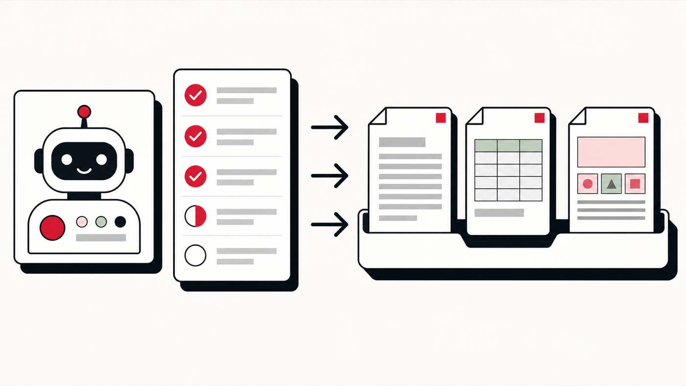Diagram of an AI coworker with a live task checklist producing finished document, spreadsheet, and slide files.