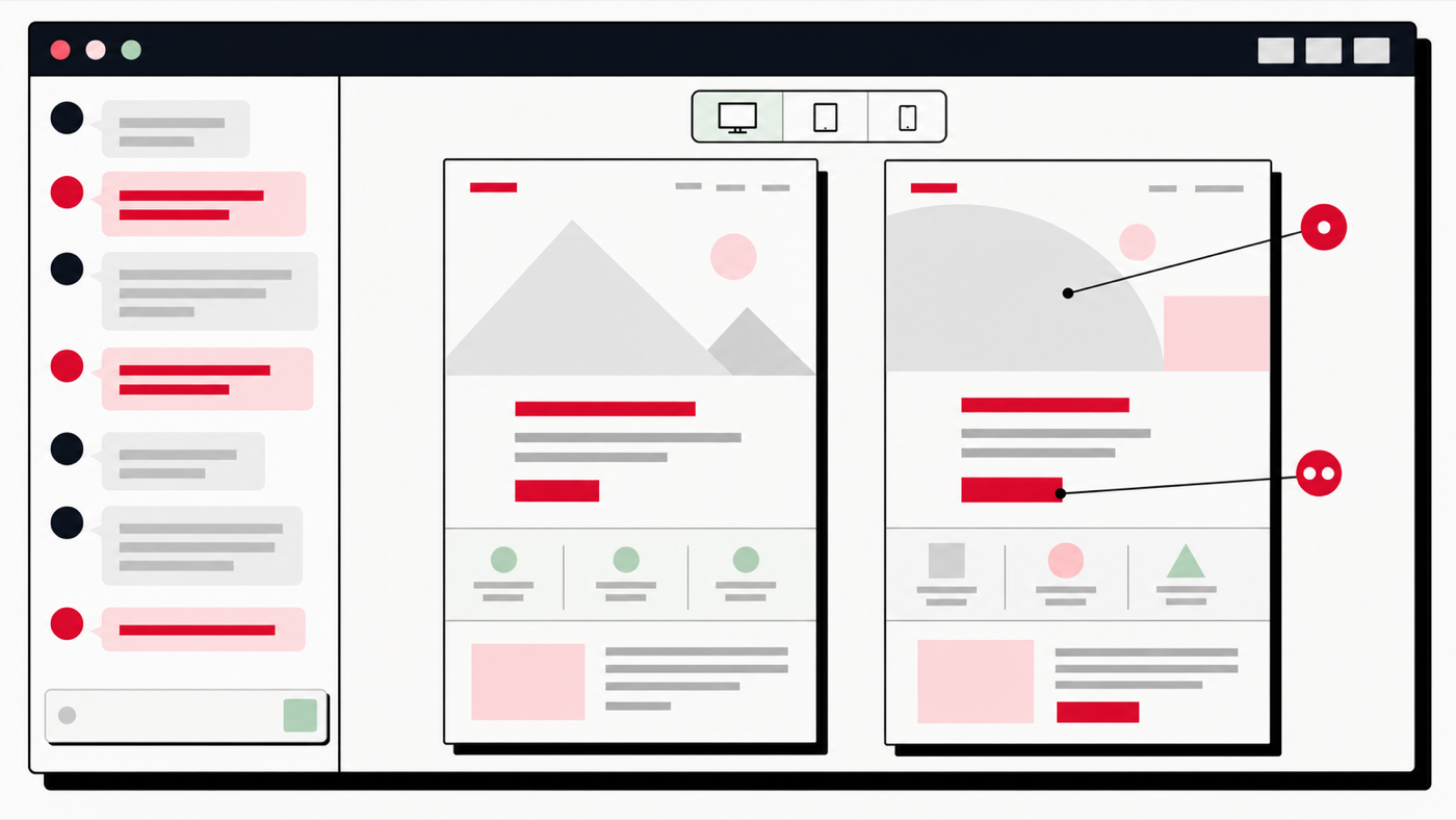 Diagram of an AI design studio showing two design variants on a canvas with numbered comment pins and device width toggles.