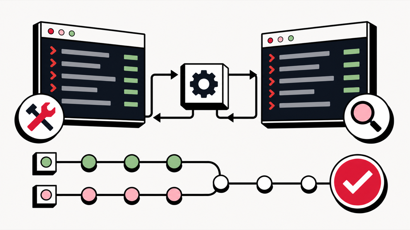 Diagram of developer and reviewer terminals connected through a broker hub, with isolated git branches merging into an approval stamp.