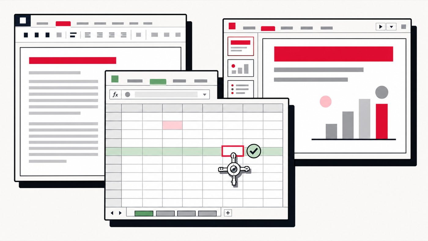 Diagram of word processor, spreadsheet, and slide deck windows with a precise pointer editing a single spreadsheet cell.