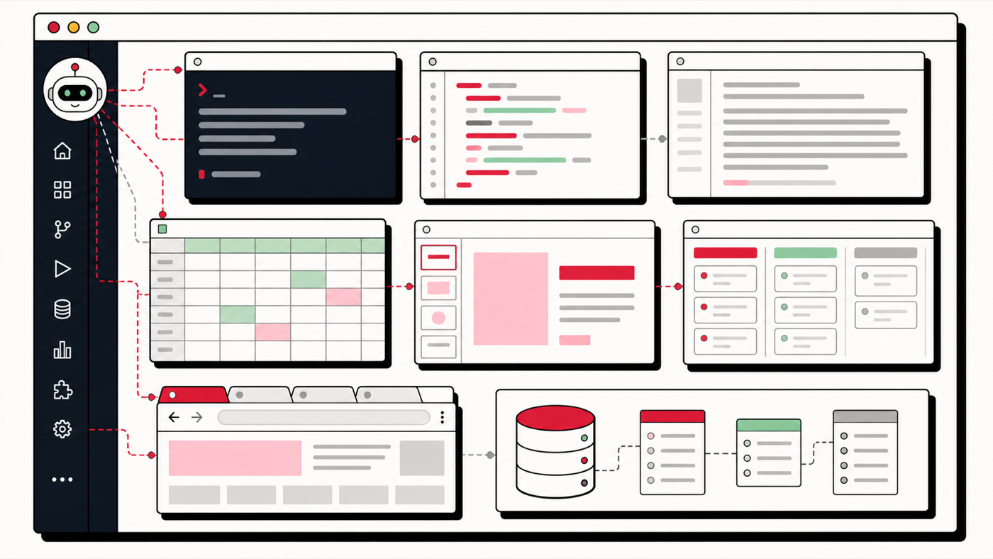 Diagram of one BBARIT Terminal workspace connecting agent, terminal, code editor, design studio, office documents, task board, browser, and database tools.