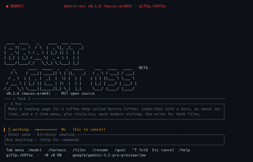 bbarit-oss building a landing page in the terminal, then showing the finished result